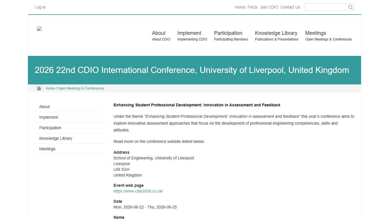 2026 22nd CDIO International Conference, University of Liverpool, United Kingdom Worldwide CDIO Inititative