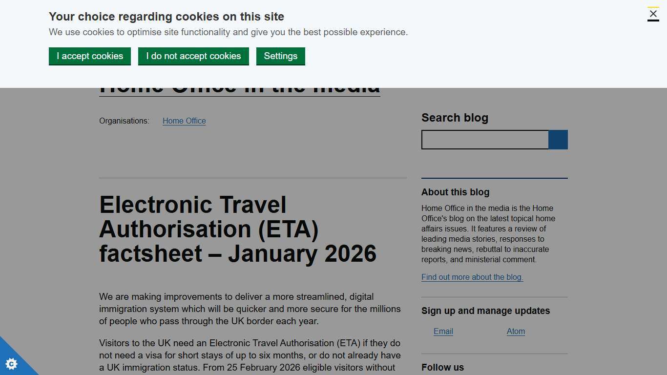 Electronic Travel Authorisation (ETA) factsheet – January 2026 – Home Office in the media